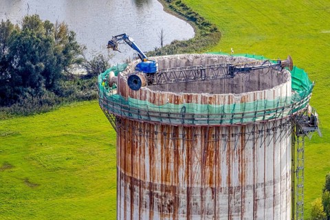 Aerial view, construction site with dismantling work on a tower of the Voerde power plant, Möllen,