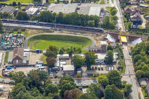 Aerial view, S-Bahn and railway line across Spellener Straße, bridge construction and extension of