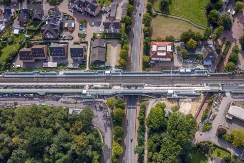 Aerial view, Voerde main station, construction site Steinstraße bridge, construction site
