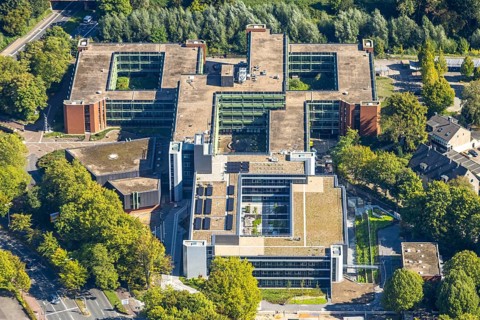 Aerial view, Recklinghausen district hall with new extension, Hillen, Recklinghausen, Ruhr area,