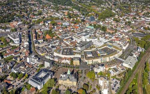 Aerial view, overview of the city centre of Recklinghausen with town hall, main station