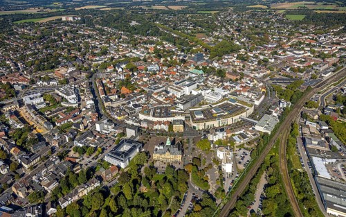 Aerial view, overview of the city centre of Recklinghausen with town hall, main station