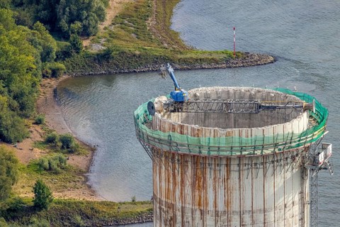 Aerial view, construction site with dismantling work on a tower of the Voerde power plant, Möllen,