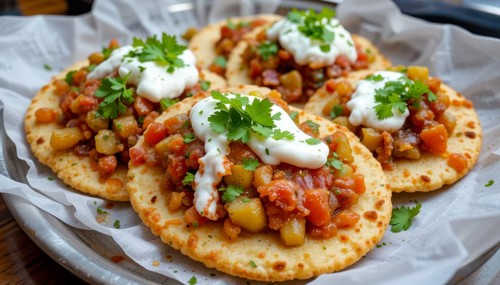 Close-up shot of appetizing tostadas topped with a flavorful mix of vegetables, creamy sauce, and