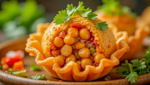 A vibrant image showcases a close-up of a crispy puri filled with chickpeas and vegetables, a