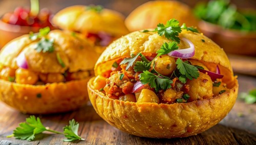 Close-up shot of Aloo Tikki Chaat, a popular Indian street food, served in a crispy bread bowl,