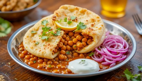 A vibrant image of Chole Bhature, a popular Indian dish, featuring fluffy bhature bread filled with