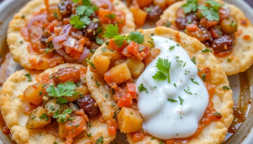 Close-up shot of Aloo Tikki Chaat, a popular Indian street food, topped with yogurt and fresh
