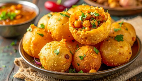 A close-up shot showcases a plate of Pani Puri, a popular Indian street food, filled with chickpeas