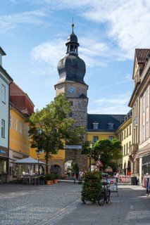 Pedestrian zone, stony path, Spitaltor, historic town gate, Coburg, Upper Franconia, Franconia,