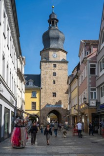 Pedestrian zone, Spitalgasse, Spitaltor, historic town gate, Coburg, Upper Franconia, Franconia,