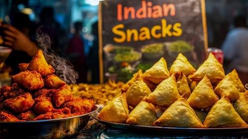 A vibrant image showcasing a street food stall in India, featuring a variety of delicious snacks,