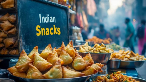 A vibrant shot of various Indian snacks, including samosas, displayed at a bustling street food