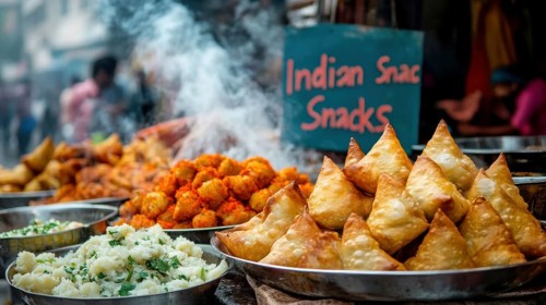 A vibrant street food stall offers a variety of Indian snacks, including golden samosas and other