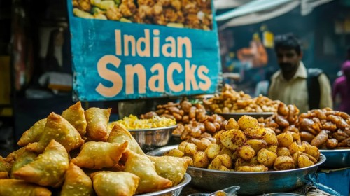 A vibrant street food stall showcases an array of delicious Indian snacks, including samosas and