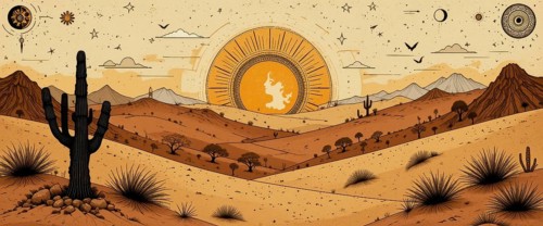 An artistic illustration depicts a desert landscape at sunset, featuring cacti, mountains, and