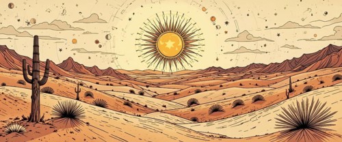 An illustration of a desert scene featuring a large sun, mountains, and a saguaro cactus under a