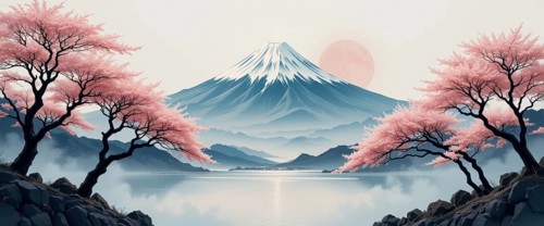 A serene view of Mount Fuji framed by cherry blossom trees, reflected in a tranquil lake, with a