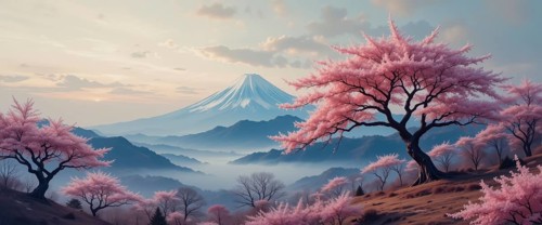 A picturesque scene of cherry blossom trees in full bloom with the iconic Mount Fuji in the