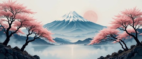 A stunning landscape painting captures Mount Fuji, framed by blooming cherry blossom trees,