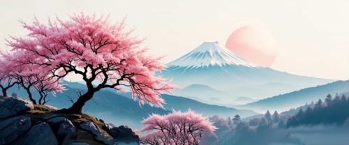 A stunning landscape captures the serene beauty of Japan, with vibrant cherry blossoms in full