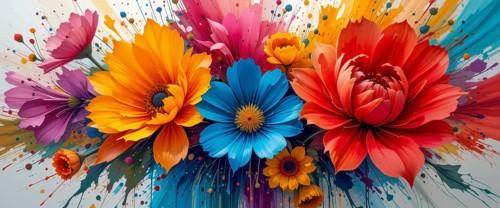 A stunning display of brightly colored flowers, including orange, red, and blue, against a white