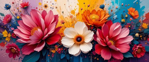 A stunning display of various flowers in full bloom, set against a backdrop of vivid colors,