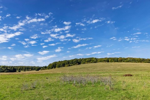 Pristine landscape in the Swabian Alb biosphere reserve with blue skies and small clouds. The