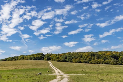 Pristine landscape in the Swabian Alb biosphere reserve with blue skies and small clouds. The