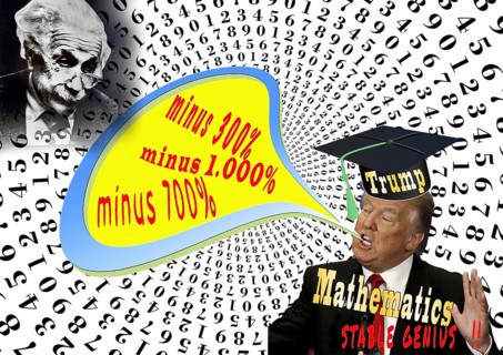 Symbolic image, Trump as an arithmetic genius, Prices reduced by hundreds of per cent, Stupidity as
