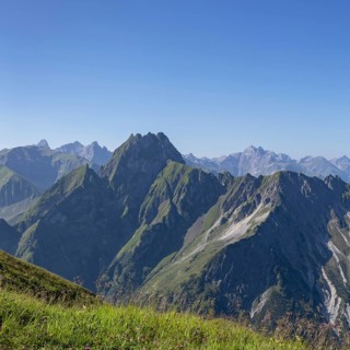 Mountain panorama from Laufbacher-Eckweg to Höfats, 2259m, Allgäu Alps, Allgäu, Bavaria, Germany