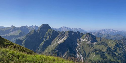 Mountain panorama from Laufbacher-Eckweg to Höfats, 2259m, Allgäu Alps, Allgäu, Bavaria, Germany