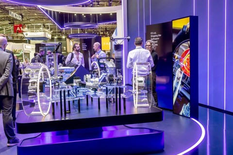 Exhibition stand of the automotive supplier ZF. IAA MOBILITY in Munich. The motor show presents