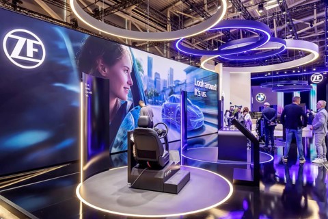 Exhibition stand of the automotive supplier ZF. IAA MOBILITY in Munich. The motor show presents