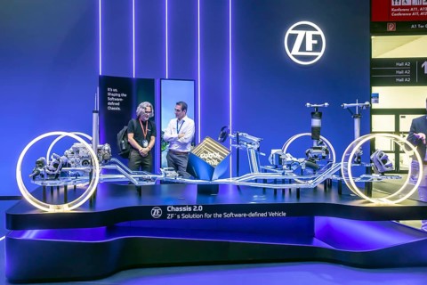 Exhibition stand of the automotive supplier ZF. IAA MOBILITY in Munich. The motor show presents