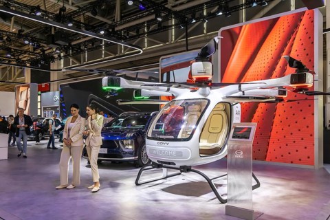 Exhibition stand of the Chinese manufacturer GAC, Guangzhou Automobile Group. Govy air taxi. Model