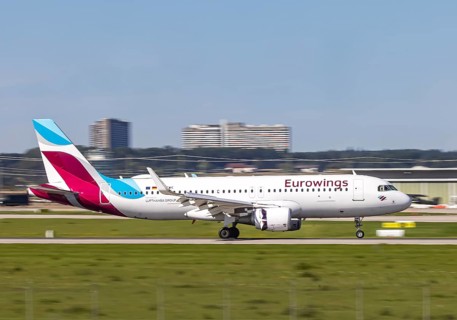 Stuttgart Airport with aircraft on landing. Aircraft registration: D-AEWK, Eurowings, Airbus