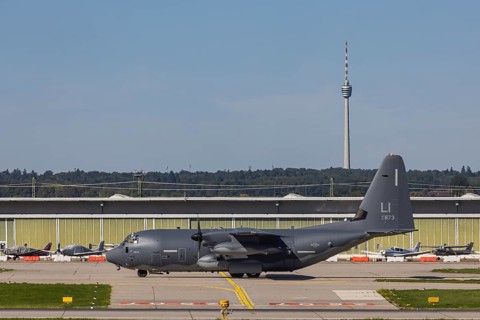 Stuttgart Airport with television tower and Lockheed L-100 Hercules aircraft of the US Air Force.