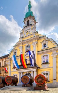 Historic town hall with beer barrels on the market square in the old town, beer town Kulmbach,