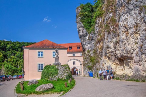 Entrance portal to Weltenburg Abbey, Kelheim, Danube Valley, Lower Bavaria, Bavaria, Germany