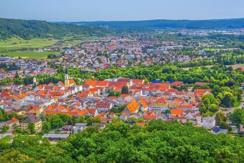 View of the town from the Liberation Hall, Kelheim, Danube Valley, Lower Bavaria, Bavaria, Germany