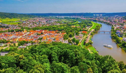 View of the town and the Danube from the Liberation Hall, Kelheim, Danube Valley, Lower Bavaria,