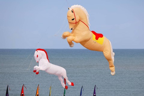 Kite festival, international kite festival, kites in the shape of horses, Dieppe, Normandy, France