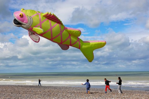 Kite festival on the beach, international kite festival, kite in the shape of a fish, Dieppe,