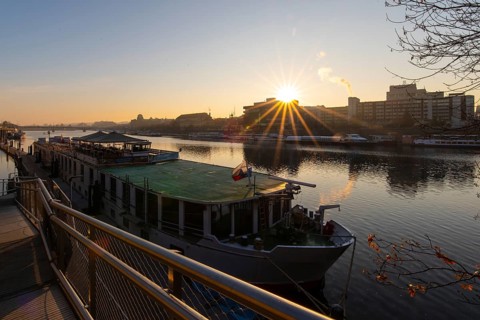 Prague, Botel, Danube, sunrise, hotel ship, water, skyline, mood