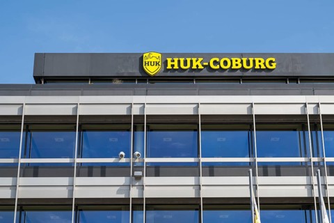 HUK-Coburg, insurance, office building with logo, detail, Coburg, Upper Franconia, Franconia,