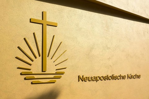New Apostolic Church, facade with logo and lettering, Coburg, Upper Franconia, Franconia, Bavaria,