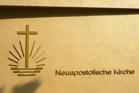 New Apostolic Church, facade with logo and lettering, Coburg, Upper Franconia, Franconia, Bavaria,