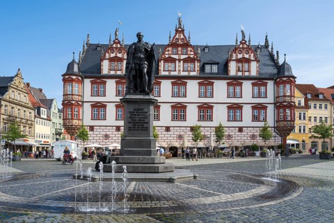Prince Albert monument in front of the town hall, late Renaissance, market square, Coburg, Upper