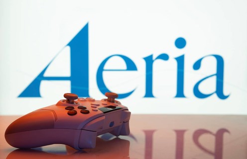 Dhaka, Bangladesh- 23 Sep 2025: Game controller in front of Aeria logo on a background